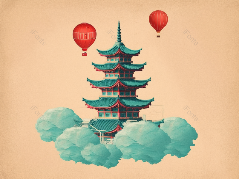 蓝色云中古城古代建筑黄色天空山顶水墨写意古典主义绘画,插画/手绘图,插画/手绘图库,插画/手绘图下载,插画/手绘